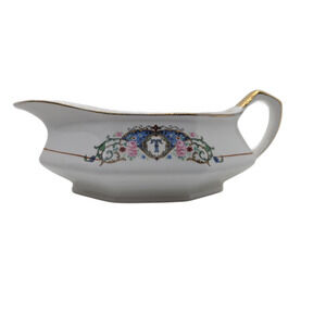 Martha Washington Gravy Boat Semi Porcelain Floral Gold Trim “T” 8”